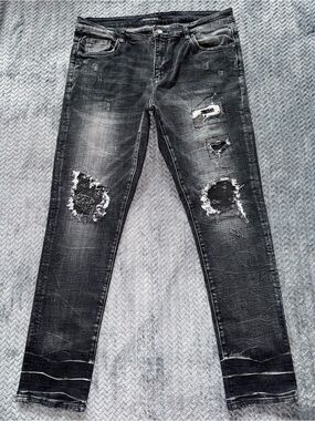 Embellish Jeans Mens Black Denim Distressed Straight Leg Dark Wash Size 38